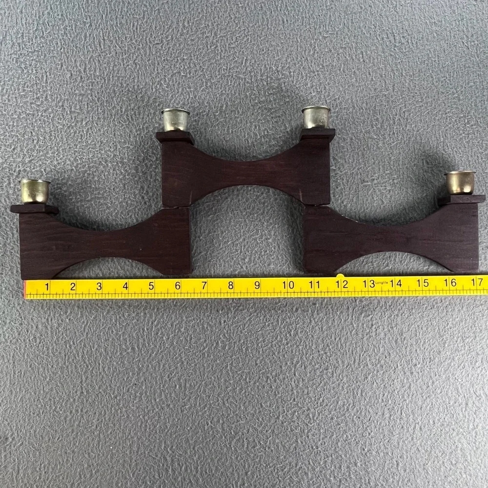 Vintage Danish Teak Style Articulated Folding Wood Brass 4 Light Candelabra MCM